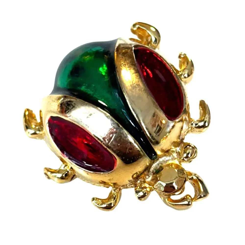 Vintage bug beetle insect brooch gold with red & green enamel finishes fun lapel